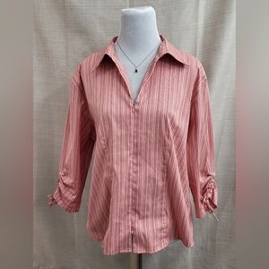 DCC Missy Womens Stretch V-Neck Zip Front ¾ Sleeve Pink‎ Striped Blouse Size XL